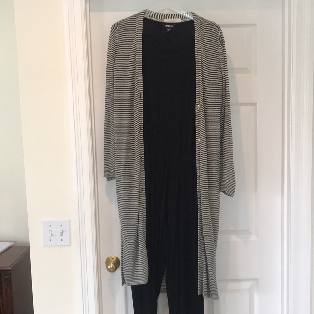 Express jumpsuit and loft sweater.  Combo!